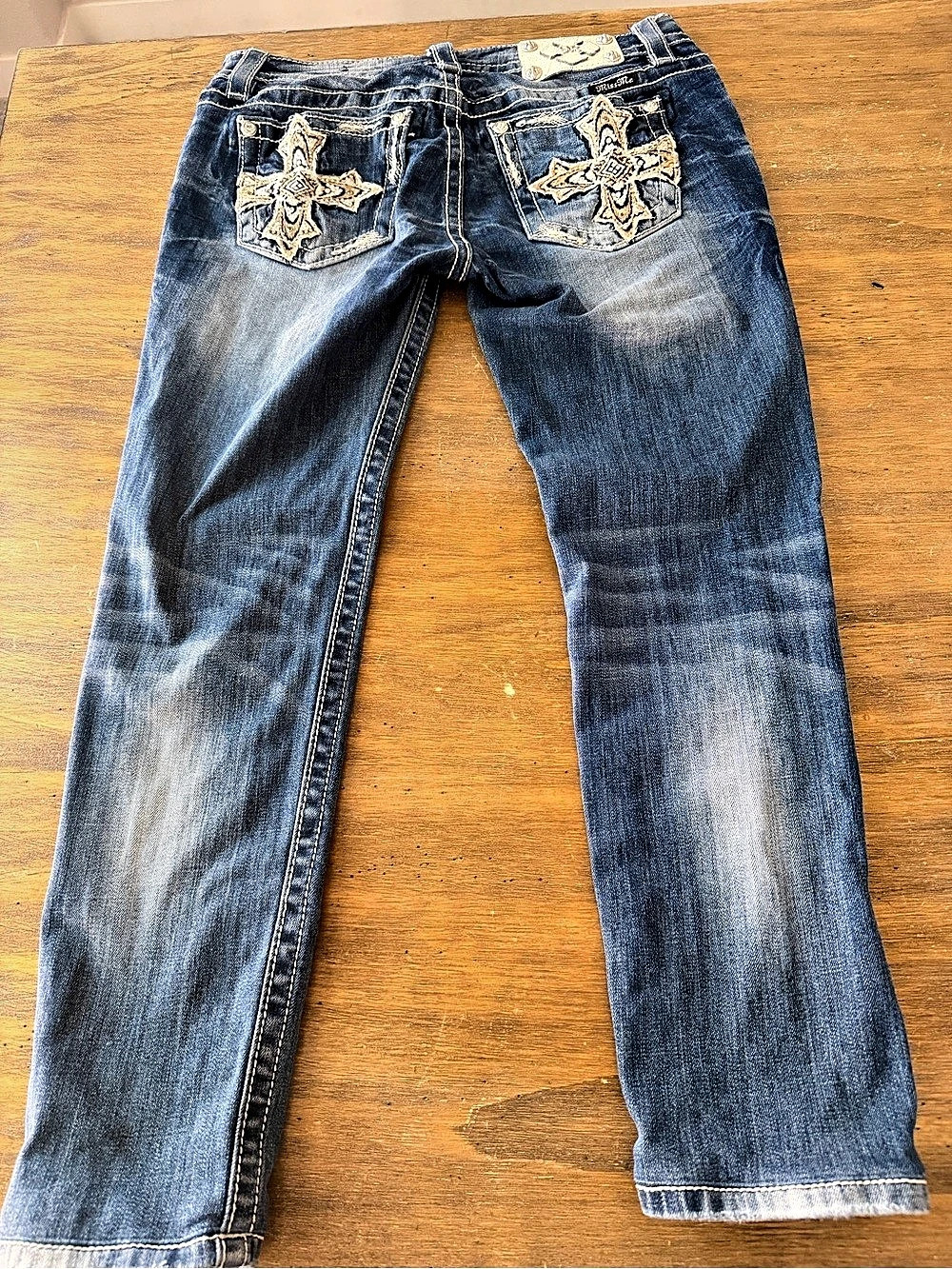 Y2K Miss Me Embroidered Bootcut Jeans Blue Waist 29 Leather Stud Rhinestone Rare